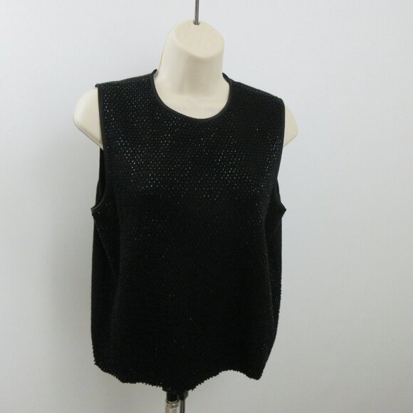 Valerie Stevens Black Top Size Medium Beaded 100% Merino Wool Sleeveless Shell - Picture 2 of 7